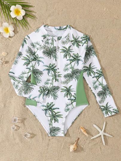 SHEIN Traje de baño de una pieza para niñas preadolescentes, con estampado de árboles de coco verdes, adecuado para nadar, verano y vacaciones en la playa