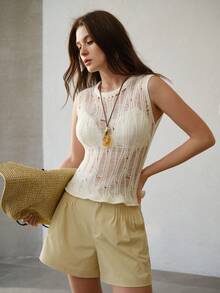 MOTF PREMIUM FRENCH LUXURY SPRING/SUMMER DISTRESSED CROCHET SLEEVELESS RUFFLE TRIM KNIT TOP - White - View 5