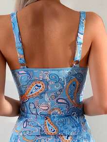 Swim Lushoire Women's Summer Beach Vacation Print Swimsuit Vest Spaghetti Strap Bikini 3 PiecesSet - Multicolor - View 3