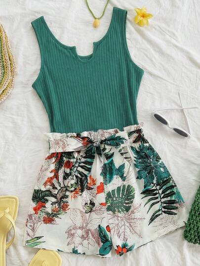 SHEIN Teen Girls' Bohemian Style Jumpsuit, Green & White Floral Print, Tropical Vibe, Paper Bag Waist Design, Sleeveless, Suitable For Spring/Summer Vacation Wear