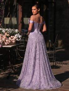Glamrae 优雅浅灰紫色奢华3D珠绣连衣裙，宽肩带方领束腰手工编织绳腰带，超大A字裙摆，适合约会、度假、单身派对、婚礼、女士晚礼服 - 淺灰紫 - 查看 3