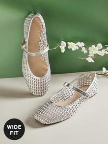 SHUZIA Giày búp bê Mary Jane dáng rộng thoải mái dành cho nữ, chất liệu giả da, mũi vuông, dệt kim. - Bạc kim loại - Xem 3