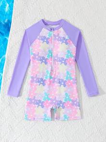 SHEIN 新款时尚少女粉色碎花连体泳衣，休闲优雅奢华，针织面料，拉链设计方便穿脱，适合海滩、度假、海边游泳，是夏季游泳的完美之选 - 紫色 - 查看 3
