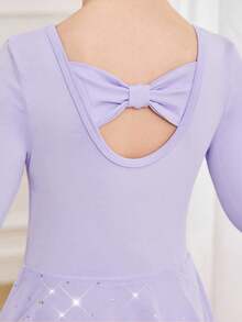 Robe de danse de ballet en maille tricotée lavande avec sequins pour jeunes filles, tenue de danse ajustée avec nœud papillon au dos, stretch douce - Parme - Voir 4