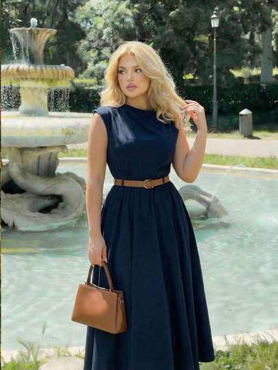 SHEIN MOD Váy không tay màu trơn cỡ lớn cho nữ, váy công sở thanh lịch (có thắt lưng)