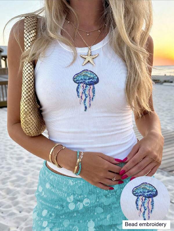 EMERY ROSE Vacation Style Embroidered Beaded Seascape Pattern Camisole