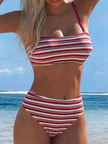 Swim Lushoire Conjunto de bikini de tela texturizada de verano con corte aleatorio, tirantes finos y parte superior bandeau, y braga de cintura alta - Multicolor - Ver 4