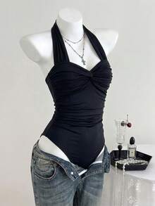 SHEIN MOOSTA 黑色褶皱露背蝴蝶结连体衣，休闲度假百搭款 - 黑色 - 查看 4