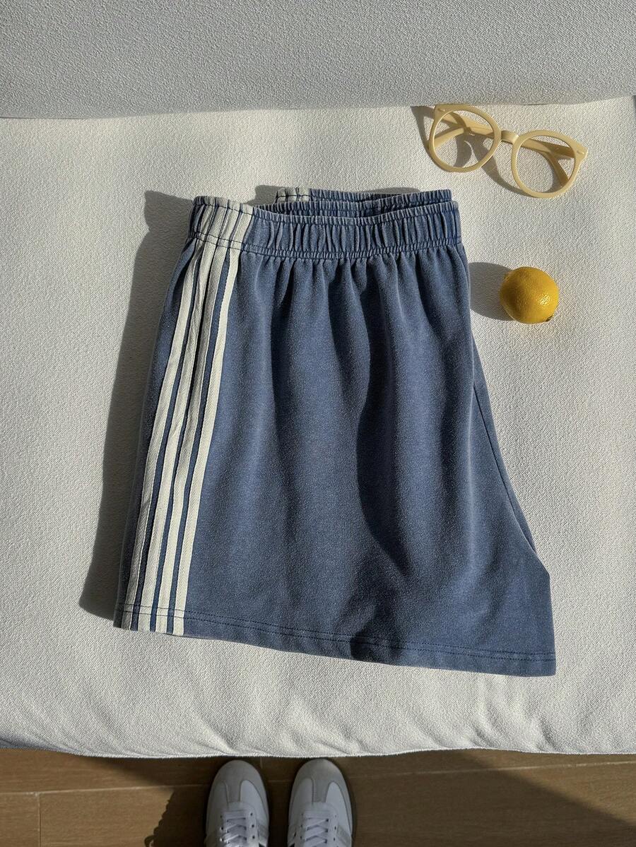 SHEIN EZwear Quần short nữ cỡ lớn màu xanh nhuộm tie-dye kẻ sọc bên hông - Màu xanh lam - Xem 1