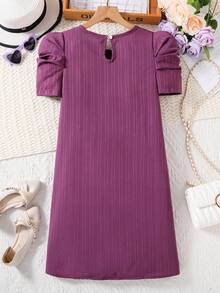 SHEIN Đầm thường ngày sọc cổ tròn tay ngắn cho bé gái tuổi mới lớn - Màu tím - Xem 2