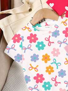 SHEIN 3件套女婴上衣，白色、玫瑰红、粉色，印有爱心、花朵、蝴蝶图案，适合外出、春、夏、秋季、日常百搭，花卉图案，乡村度假休闲舒适套装 - 彩色 - 查看 4