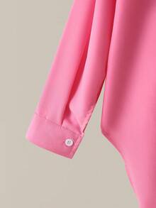 SHEIN Kemeja Longgar Kasual Ukuran Besar Panjang Sedang untuk Anak Perempuan Remaja - Hot Pink - View 4