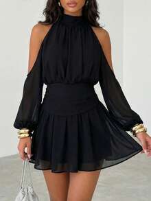 Firerie Đầm ngắn voan thanh lịch cổ buộc dây hở vai dành cho nữ, thích hợp cho những buổi hẹn hò mùa hè. - màu đen - Xem 2