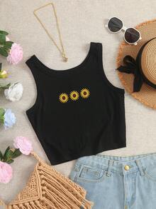 INAWLY 雏菊刺绣女士圆领吊带衫 - 黑色 - 查看 3