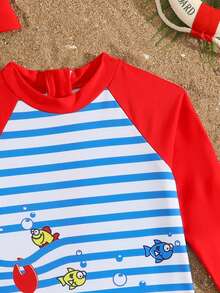1pc Baby Boys' Swimwear,Red Crab & Ocean Animal Print One-Piece Rashguard Swimsuit + Hat,Blue White Stripe,Summer,Cute,Pool Party,Holiday Beachwear - Multicolor - View 3