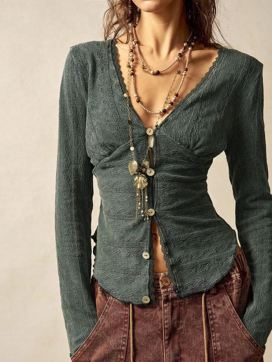 Bohemela 女式休闲纯色V领长袖针织上衣 - 黑色 - 查看 1