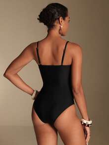 Swim Oasis Women's Black Elegant Ruched One-Piece Swimsuit With Coverup,Summer Beach Holiday Bathing Suit Set,Solid Color Metal Decor Boho Vacation Outfits,2026 - Black - View 16