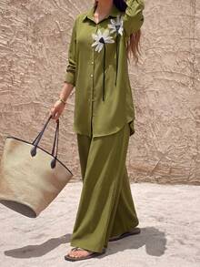 Mulvari 2件套女士3D立体花卉装饰衬衫和裤子套装 - 綠色 - 查看 7