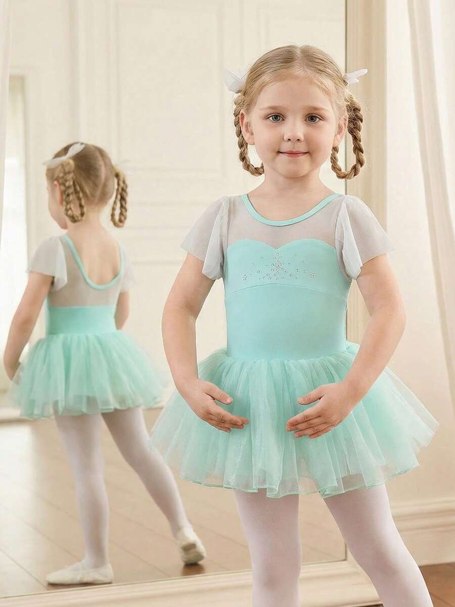 Robe de tutu de ballet pour jeunes filles, tissu vert clair à haute élasticité pour le printemps/été, manches volantées pour un look léger, jupe en tulle avec un éclat nacré, élégante et fraîche pour le port quotidien, les représentations de ballet et les pratiques - Vert menthe - Voir 1