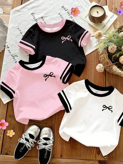3pcs/Set Young Girls' New Fashion SS26 Summer Casual Comfortable Colorblock Striped Bow Print Short Sleeve Round Neck T-Shirt, Suitable For Spring/Summer