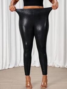 SHEIN Tall CURVE 大码弹力鳄鱼纹印花打底裤 - 黑色 - 查看 6