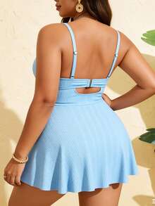 Swim Lushoire Plus Size Women's 2-Piece Solid Color Underwire Padded Bikini Set With Shell Chain Decor, Minimalist Vacation Swimsuit - Baby Blue - View 2