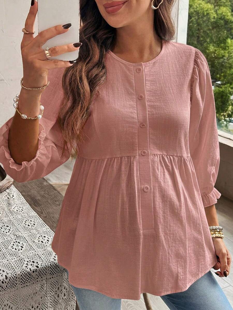 SHEIN 孕妇休闲纯色简约衬衫 - 西瓜粉 - 查看 1