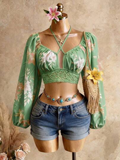 Mistrie Ladies' New One-Shoulder, Neck-Hanging Strap, Long-Sleeved Two Pieces Lace Openwork, Backless Strap Design Beach Shirt