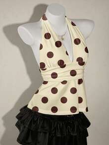 SHEIN ICON Áo tank top nữ dáng chữ A cổ yếm, cổ chữ V khoét sâu, hở lưng, họa tiết chấm bi, phong cách retro Y2K đa năng, phù hợp cho các lễ hội âm nhạc, kỳ nghỉ, dã ngoại mùa hè. - Nhiều màu - Xem 3