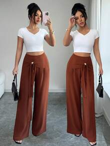 SHEIN Elenzya 优雅日常交叉金属装饰阔腿女士西装裤 - 棕色 - 查看 6