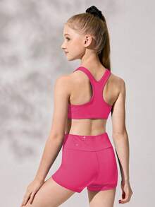 Bộ đồ thể thao cho bé gái tuổi teen, áo và quần short, màu hồng cánh sen | Chất liệu co giãn cao với các hạt pha lê lấp lánh, phù hợp cho tập thể dục dụng cụ và khiêu vũ. - Màu Hồng Tươi - Xem 3