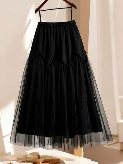 GlowEve CURVE Plus Size Solid Color Elastic Waist Casual Versatile Frill Trim Skirt