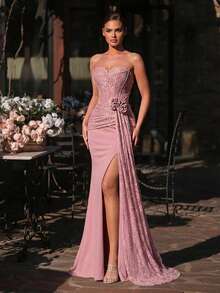 Glamrae 优雅莲花粉色新颖无肩带浪漫蕾丝拼接不对称罩杯透视前片鱼骨鱼尾开衩腰部浪漫3D立体花卉层叠连衣裙，适合约会、度假、单身派对、返校、婚礼、女士晚礼服等场合。 - 藕粉色 - 查看 3