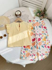 LMoss Kids Set de 2 piezas de top con cuello de volantes de unicolor y pantalones holgados con estampado floral para bebé niña - Multicolor - Ver 2