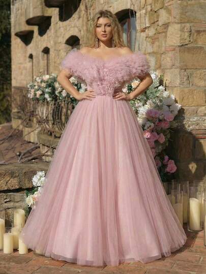 Glamrae Vestido maxi elegante, romántico y lujoso de talla grande con hombros descubiertos, mangas con flores 3D, ajustado y voluminoso, adecuado para fiestas de noche, citas, bailes, vacaciones y eventos de boda