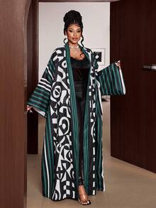 Maweii Plusstorlek Dam Randig Heltryck Casual Vardagskläder Öppen Fram Lång Morgonrock - Blågrön - Visa 2