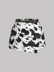 SHEIN MOD Plus Size Women's Fashionable Western Style Cow Print Shorts - Black and White - View 1