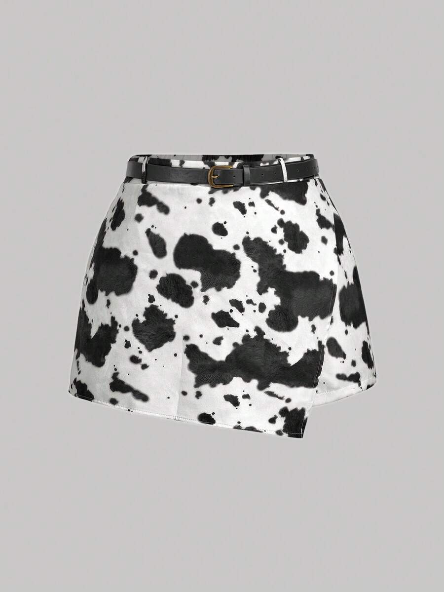 SHEIN MOD Plus Size Women's Fashionable Western Style Cow Print Shorts - Black and White - View 1