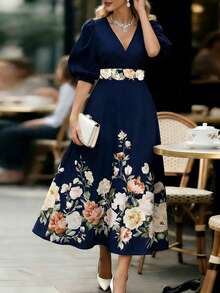 Balvessa 优雅通勤印花连衣裙 - 藏蓝色 - 查看 6