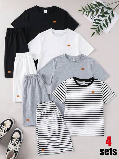 SHEIN 8件套男童休闲宽松圆领T恤短裤套装，适合通勤、上学、日常休闲、运动等多种场合，春夏皆宜。