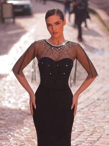 Aureia 优雅浪漫时尚的黑色弹力网纱拼接水钻装饰鱼尾裙，适合优雅派对、婚礼宾客着装、正式晚礼服。 - 黑色 - 查看 3