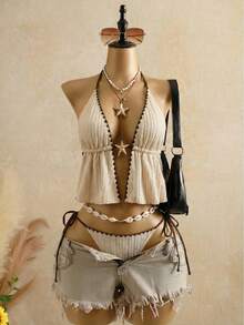 Swim SXY 2026 Ensemble de tankini 2 pièces pour femmes, tenue de plage pour vacances. Élégant, romantique et sexy. Tissu bohème à texture ondulée. Garniture en tricot de luxe minimaliste bicolore. Décoration de bouton en métal délicat en forme d'étoile de mer. Ourlet volant naturel. Coupe affinante. Nœud papillon réglable. Doublure de bonnet amovible. Col ras-du-cou. 2 pièces pour la plage. - Kaki - Voir 11