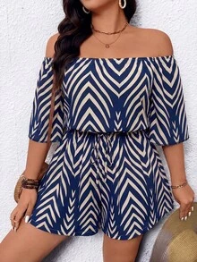 Breezaya Plus Size Off-The-Shoulder Color-Blocked Romper With Elastic Waist,Spring Summer Fall Winte Vacation Work Outfits For Beach Fashion Country Stripe Sea - Blue - View 3