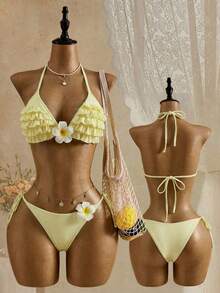 Swim Mod 2026 SS Women's Yellow Summer Cute Beach Holiday Swimwear Set,Fresh Multi-Layer Ruffle Faux Plumeria 3D Decor Bow Tie Triangle Bikini Set,2pcs Outfit - Light Yellow - View 6