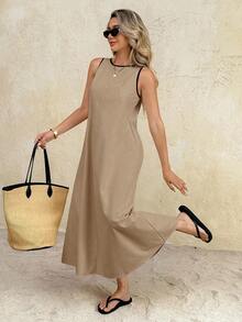 Vestido largo de cuello redondo casual para mujer, adecuado para uso diario y citas - Caqui - Ver 4