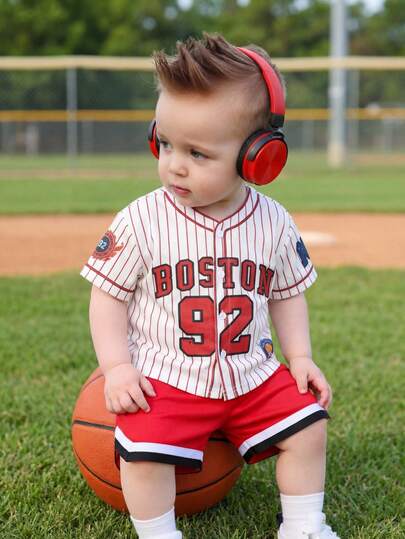 SHEIN 2pcs/Set Baby Boy Sporty Casual Striped Letter Print Loose Short Sleeve Top And Relaxed Shorts Set, Suitable For Summer, Spring Outdoor, Sports, Travel, Holiday