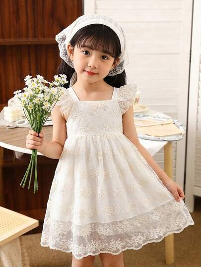 SHEIN Vintaside Kids Vestido de verano para niñas con estilo francés dulce, espalda hueca + manga corta, con bordado floral de malla