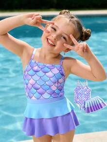 SHEIN Girls (Small) Spring/Summer/Autumn Beach Vacation Casual Seaside Hot Spring Fashionable Fitted New Cute Fish Scale Digital Print Ombre Criss-Cross Strap One-Piece Swimsuit With Ombre Digital Print Ruffle Hem Skirt - Purple - View 3