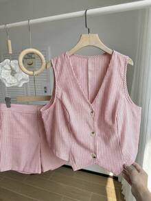 Comfortcana Bộ áo vest và quần short kẻ sọc đỏ cỡ lớn, trang phục thường ngày mùa hè cho lễ tốt nghiệp, tựu trường, trang phục giáo viên mùa thu/đông. - Đỏ - Xem 4