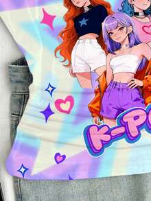 少女扎染休闲吊带背心，K-POP卡通女孩图案，运动肩带，适合春夏日常、海滩、户外休闲穿着 - 彩色 - 查看 4